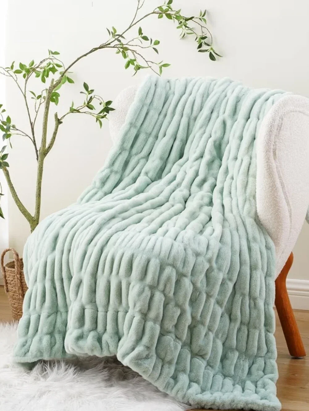 Cozy Faux Fur Plush Throw Blanket in Sage Green 50x60